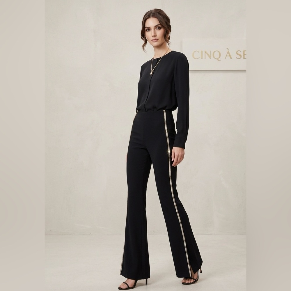Cinq à Sept Black High-Waisted Flare Pants with Crystal Strass Side Stripe